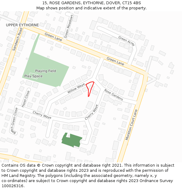 15, ROSE GARDENS, EYTHORNE, DOVER, CT15 4BS: Location map and indicative extent of plot