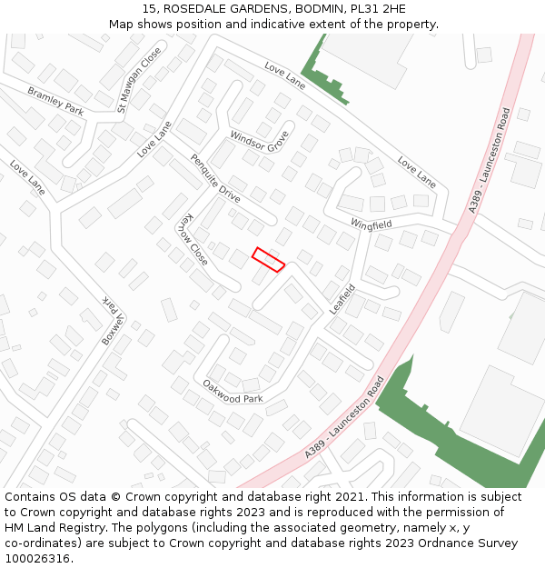 15, ROSEDALE GARDENS, BODMIN, PL31 2HE: Location map and indicative extent of plot