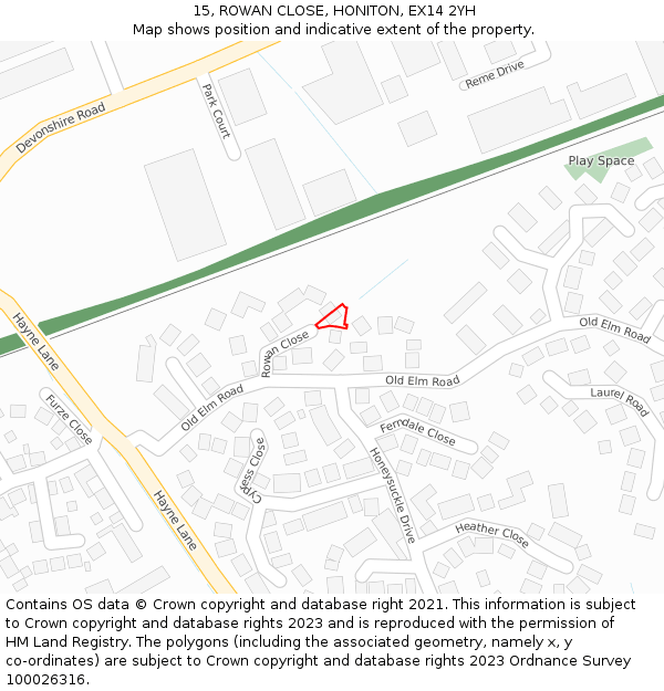 15, ROWAN CLOSE, HONITON, EX14 2YH: Location map and indicative extent of plot