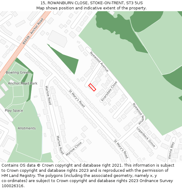 15, ROWANBURN CLOSE, STOKE-ON-TRENT, ST3 5US: Location map and indicative extent of plot