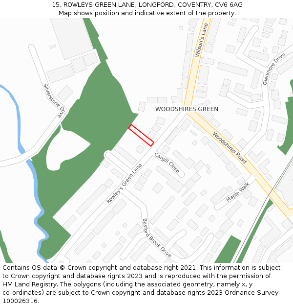 15, ROWLEYS GREEN LANE, LONGFORD, COVENTRY, CV6 6AG: Location map and indicative extent of plot