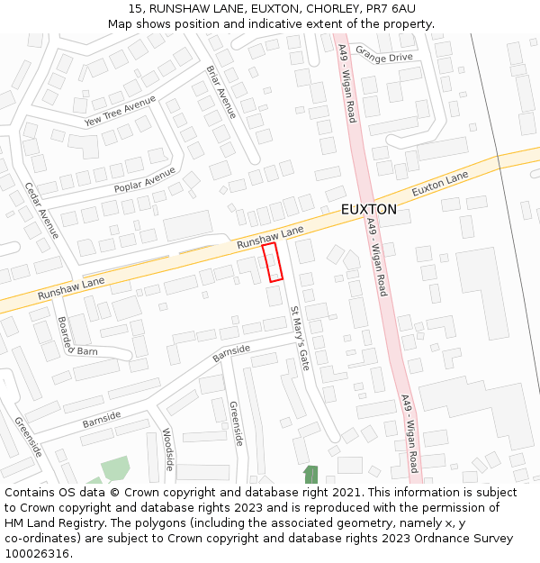 15, RUNSHAW LANE, EUXTON, CHORLEY, PR7 6AU: Location map and indicative extent of plot