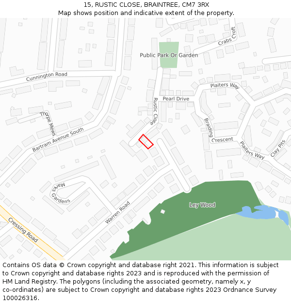 15, RUSTIC CLOSE, BRAINTREE, CM7 3RX: Location map and indicative extent of plot