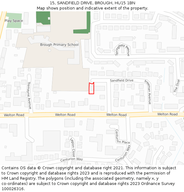 15, SANDFIELD DRIVE, BROUGH, HU15 1BN: Location map and indicative extent of plot