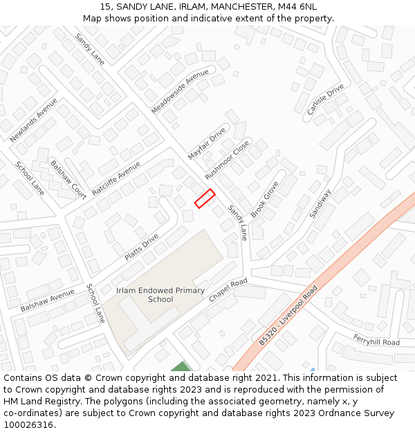 15, SANDY LANE, IRLAM, MANCHESTER, M44 6NL: Location map and indicative extent of plot