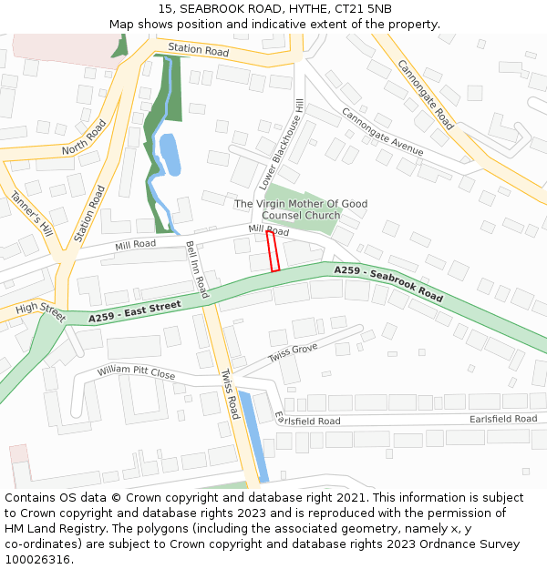 15, SEABROOK ROAD, HYTHE, CT21 5NB: Location map and indicative extent of plot