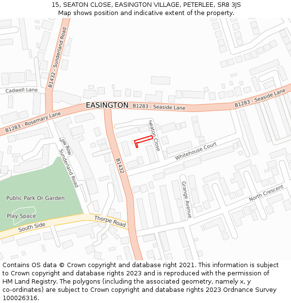 15, SEATON CLOSE, EASINGTON VILLAGE, PETERLEE, SR8 3JS: Location map and indicative extent of plot