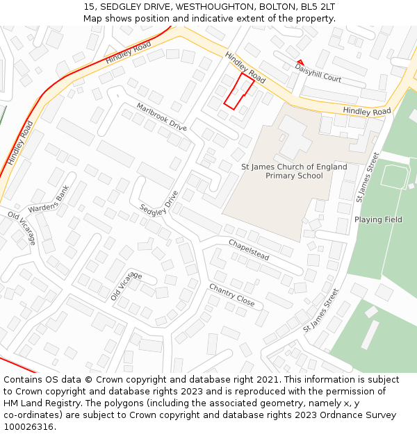 15, SEDGLEY DRIVE, WESTHOUGHTON, BOLTON, BL5 2LT: Location map and indicative extent of plot