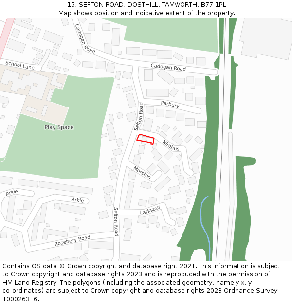 15, SEFTON ROAD, DOSTHILL, TAMWORTH, B77 1PL: Location map and indicative extent of plot