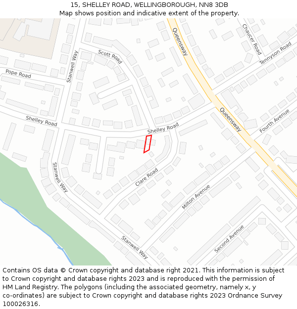 15, SHELLEY ROAD, WELLINGBOROUGH, NN8 3DB: Location map and indicative extent of plot