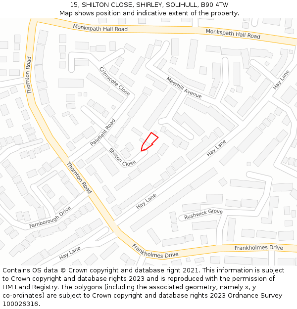 15, SHILTON CLOSE, SHIRLEY, SOLIHULL, B90 4TW: Location map and indicative extent of plot