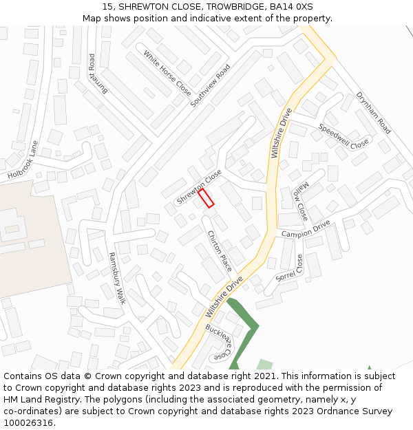 15, SHREWTON CLOSE, TROWBRIDGE, BA14 0XS: Location map and indicative extent of plot