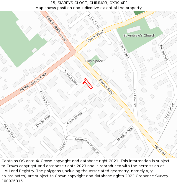 15, SIAREYS CLOSE, CHINNOR, OX39 4EF: Location map and indicative extent of plot