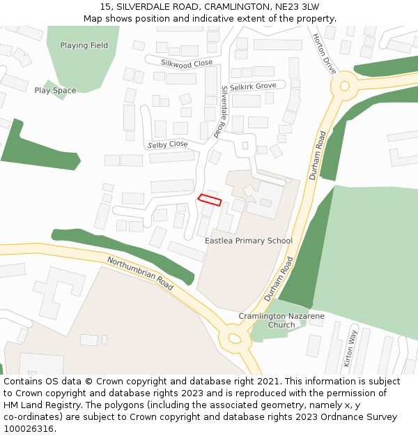 15, SILVERDALE ROAD, CRAMLINGTON, NE23 3LW: Location map and indicative extent of plot