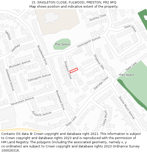 15, SINGLETON CLOSE, FULWOOD, PRESTON, PR2 9PQ: Location map and indicative extent of plot