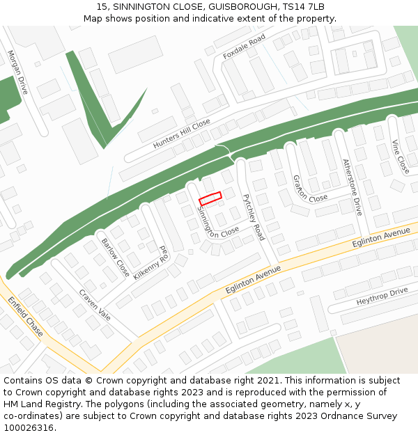 15, SINNINGTON CLOSE, GUISBOROUGH, TS14 7LB: Location map and indicative extent of plot