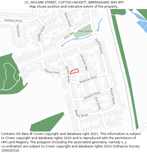 15, SKYLARK STREET, COFTON HACKETT, BIRMINGHAM, B45 8FP: Location map and indicative extent of plot