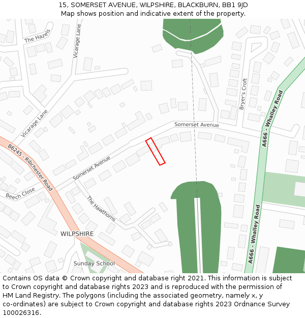 15, SOMERSET AVENUE, WILPSHIRE, BLACKBURN, BB1 9JD: Location map and indicative extent of plot