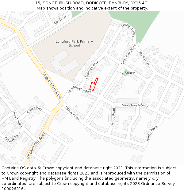 15, SONGTHRUSH ROAD, BODICOTE, BANBURY, OX15 4GL: Location map and indicative extent of plot