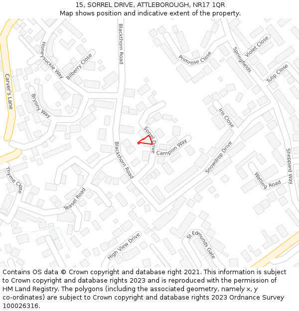 15, SORREL DRIVE, ATTLEBOROUGH, NR17 1QR: Location map and indicative extent of plot