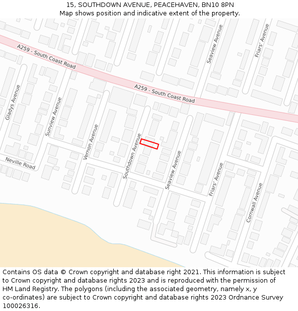 15, SOUTHDOWN AVENUE, PEACEHAVEN, BN10 8PN: Location map and indicative extent of plot