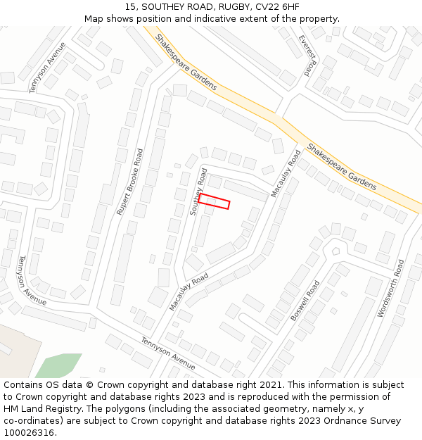 15, SOUTHEY ROAD, RUGBY, CV22 6HF: Location map and indicative extent of plot