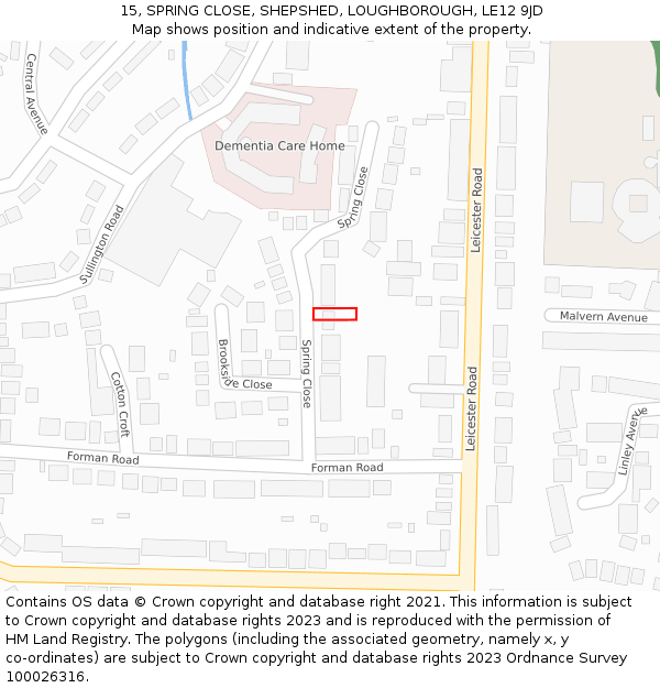 15, SPRING CLOSE, SHEPSHED, LOUGHBOROUGH, LE12 9JD: Location map and indicative extent of plot