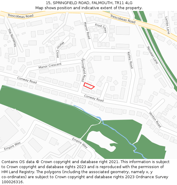 15, SPRINGFIELD ROAD, FALMOUTH, TR11 4LG: Location map and indicative extent of plot