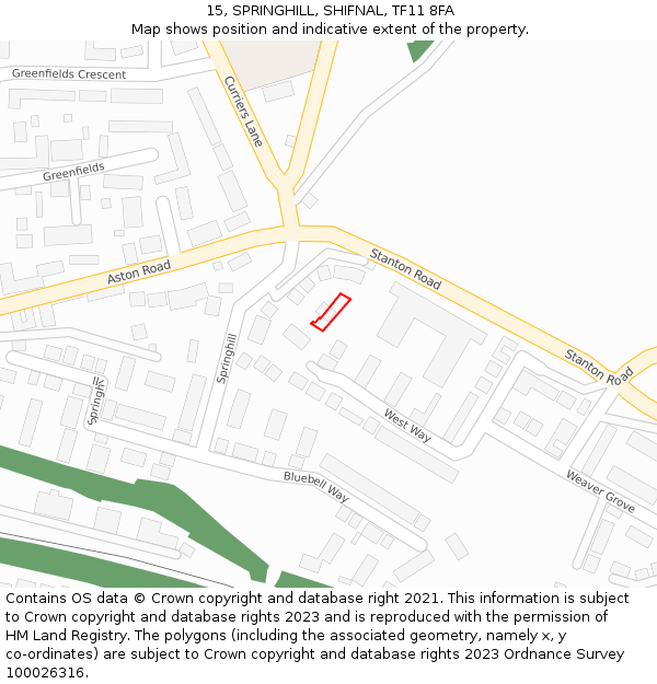 15, SPRINGHILL, SHIFNAL, TF11 8FA: Location map and indicative extent of plot