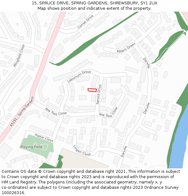 15, SPRUCE DRIVE, SPRING GARDENS, SHREWSBURY, SY1 2UX: Location map and indicative extent of plot