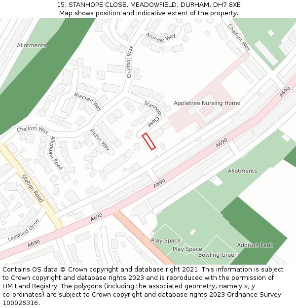 15, STANHOPE CLOSE, MEADOWFIELD, DURHAM, DH7 8XE: Location map and indicative extent of plot