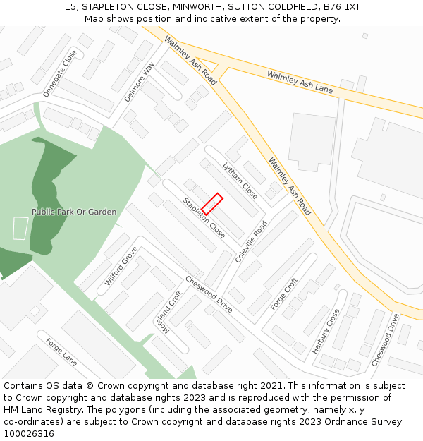 15, STAPLETON CLOSE, MINWORTH, SUTTON COLDFIELD, B76 1XT: Location map and indicative extent of plot