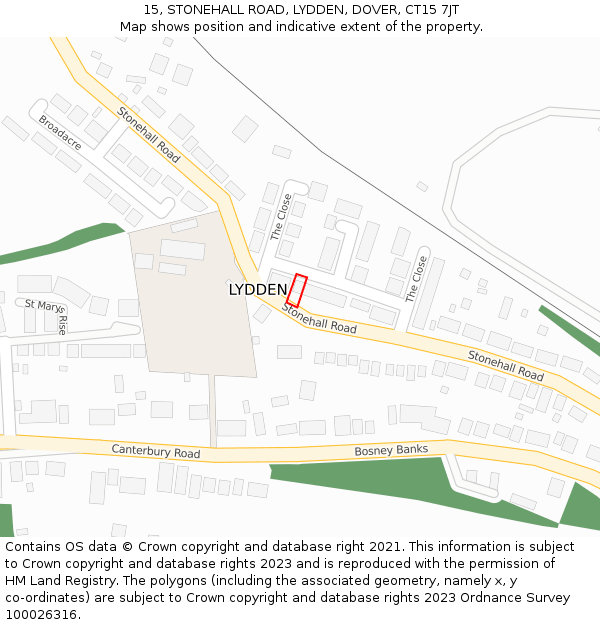 15, STONEHALL ROAD, LYDDEN, DOVER, CT15 7JT: Location map and indicative extent of plot