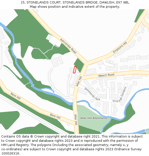 15, STONELANDS COURT, STONELANDS BRIDGE, DAWLISH, EX7 9BL: Location map and indicative extent of plot