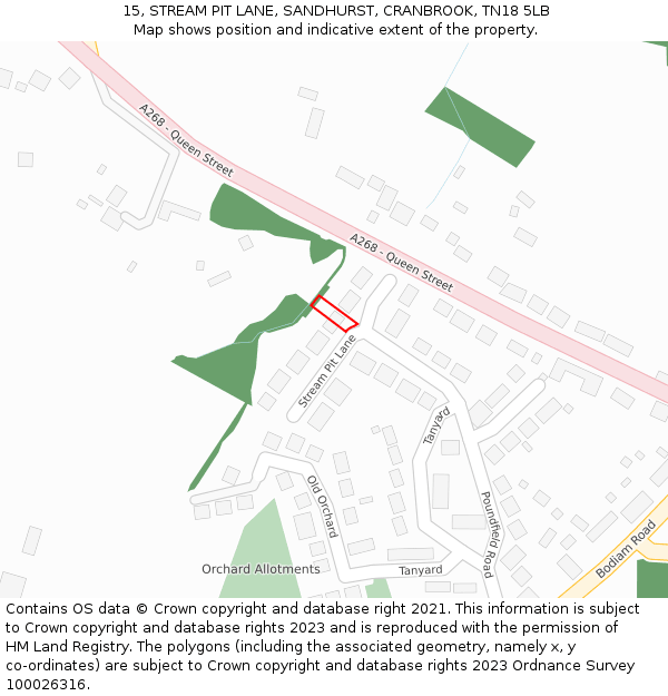 15, STREAM PIT LANE, SANDHURST, CRANBROOK, TN18 5LB: Location map and indicative extent of plot