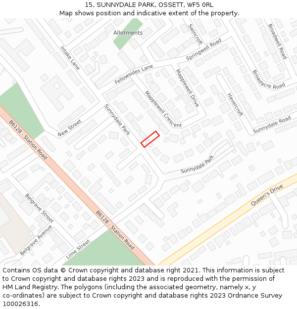 15, SUNNYDALE PARK, OSSETT, WF5 0RL: Location map and indicative extent of plot