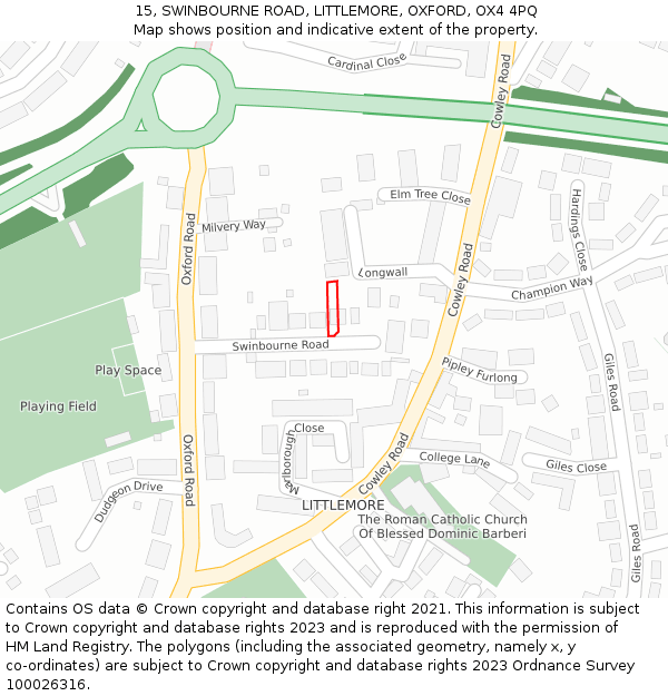 15, SWINBOURNE ROAD, LITTLEMORE, OXFORD, OX4 4PQ: Location map and indicative extent of plot