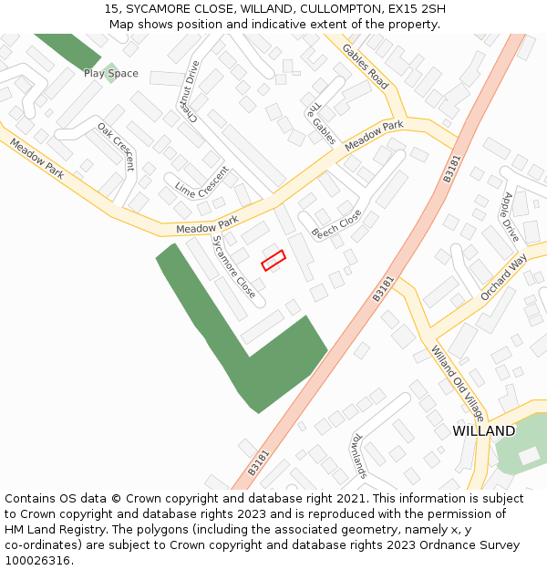 15, SYCAMORE CLOSE, WILLAND, CULLOMPTON, EX15 2SH: Location map and indicative extent of plot