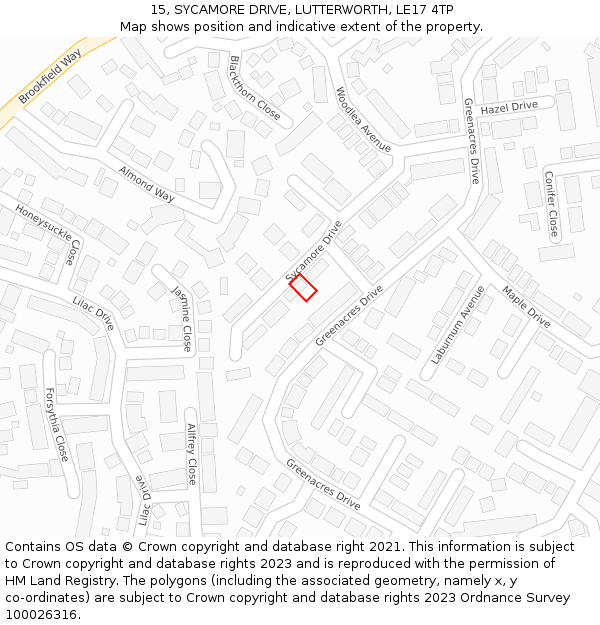 15, SYCAMORE DRIVE, LUTTERWORTH, LE17 4TP: Location map and indicative extent of plot