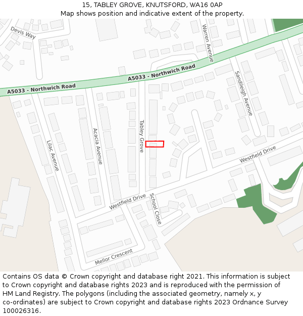 15, TABLEY GROVE, KNUTSFORD, WA16 0AP: Location map and indicative extent of plot