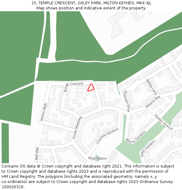 15, TEMPLE CRESCENT, OXLEY PARK, MILTON KEYNES, MK4 4JL: Location map and indicative extent of plot