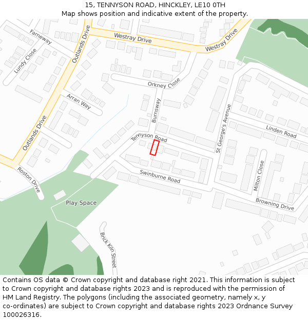 15, TENNYSON ROAD, HINCKLEY, LE10 0TH: Location map and indicative extent of plot