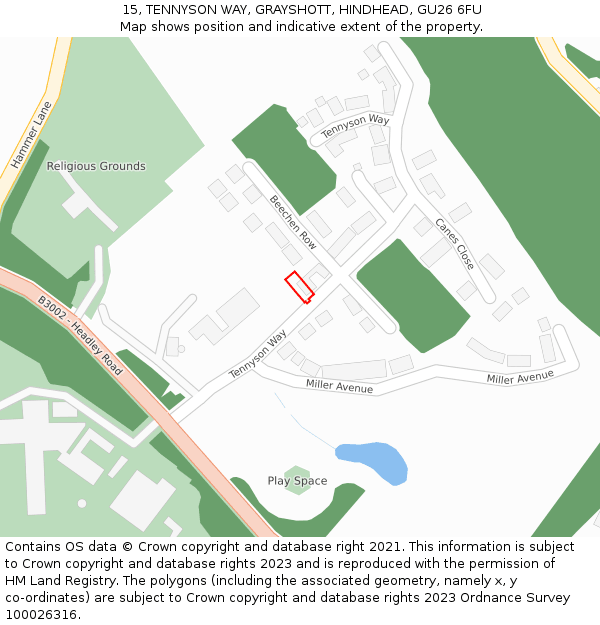 15, TENNYSON WAY, GRAYSHOTT, HINDHEAD, GU26 6FU: Location map and indicative extent of plot