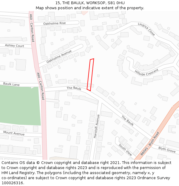 15, THE BAULK, WORKSOP, S81 0HU: Location map and indicative extent of plot