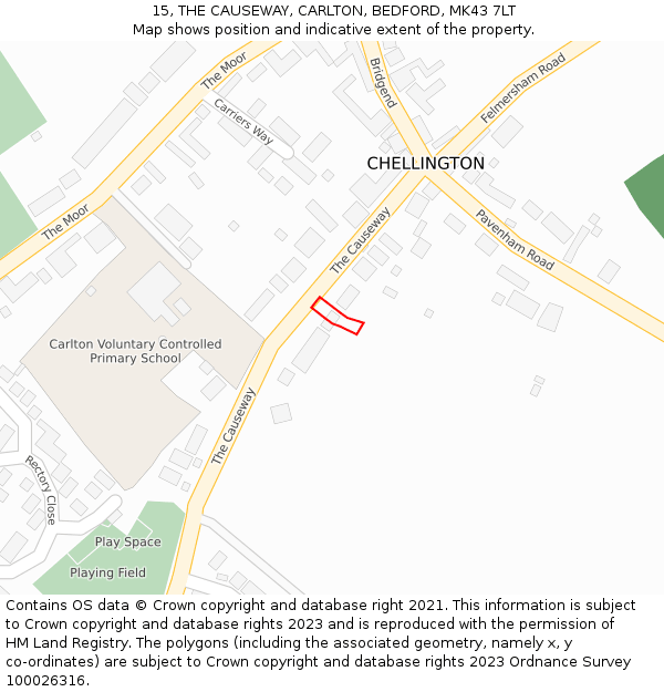 15, THE CAUSEWAY, CARLTON, BEDFORD, MK43 7LT: Location map and indicative extent of plot