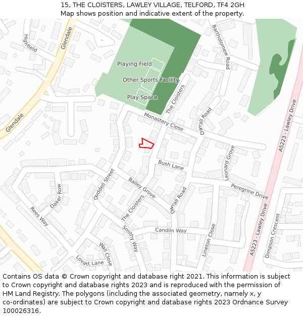 15, THE CLOISTERS, LAWLEY VILLAGE, TELFORD, TF4 2GH: Location map and indicative extent of plot