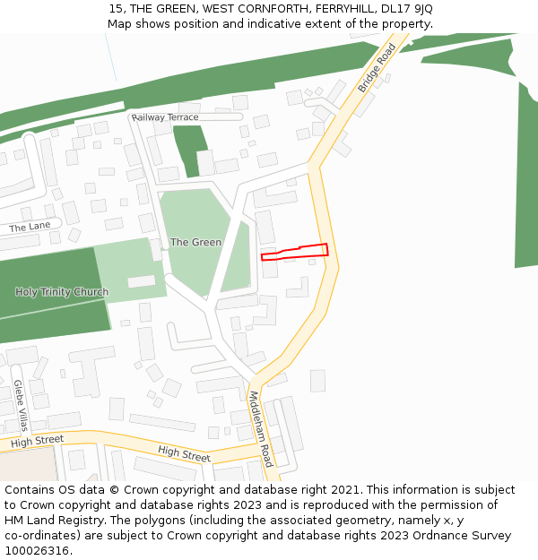 15, THE GREEN, WEST CORNFORTH, FERRYHILL, DL17 9JQ: Location map and indicative extent of plot
