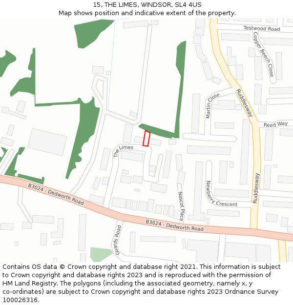 15, THE LIMES, WINDSOR, SL4 4US: Location map and indicative extent of plot