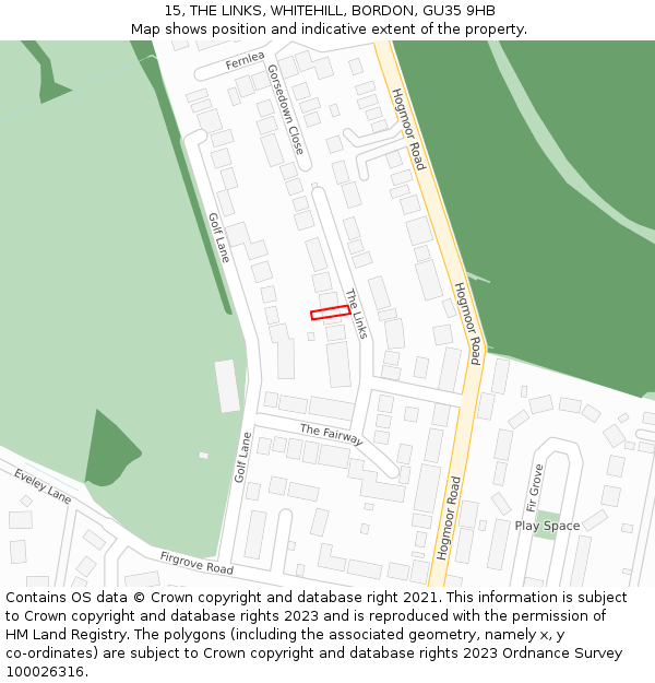 15, THE LINKS, WHITEHILL, BORDON, GU35 9HB: Location map and indicative extent of plot