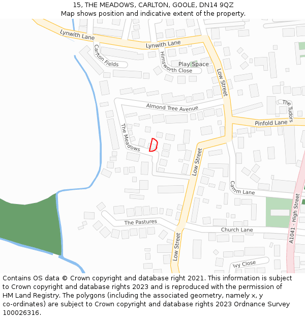 15, THE MEADOWS, CARLTON, GOOLE, DN14 9QZ: Location map and indicative extent of plot